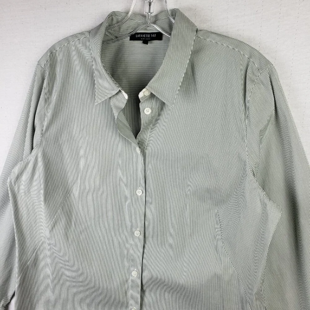 Lafayette 148 NY Striped Button Down Shirt Cotton Blend Stretch Green size 12 - Picture 4 of 12